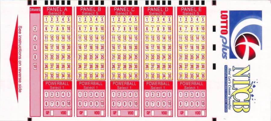 NLCB Lotto Plus Playslip showing five panels with number groups and Powerball selection