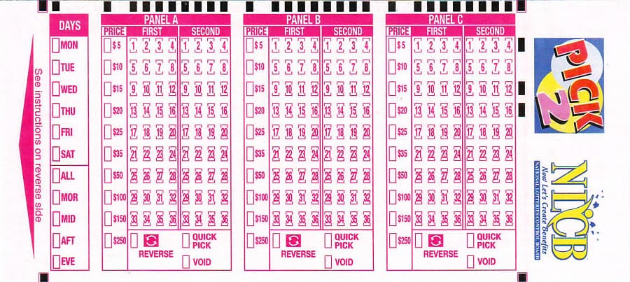 NLCB Pick 2 Playslip showing three panels A, B, and C with number selection options