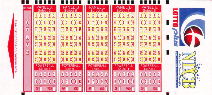 NLCB Lotto Plus Playslip showing five panels with number groups and Powerball selection
