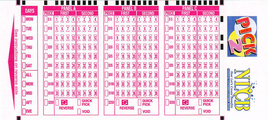 NLCB Pick 2 Playslip showing three panels A, B, and C with number selection options